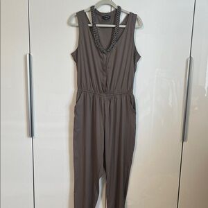 Bebe Dark Taupe Brown Sleeveless Jumpsuit Chain Detail, Size L